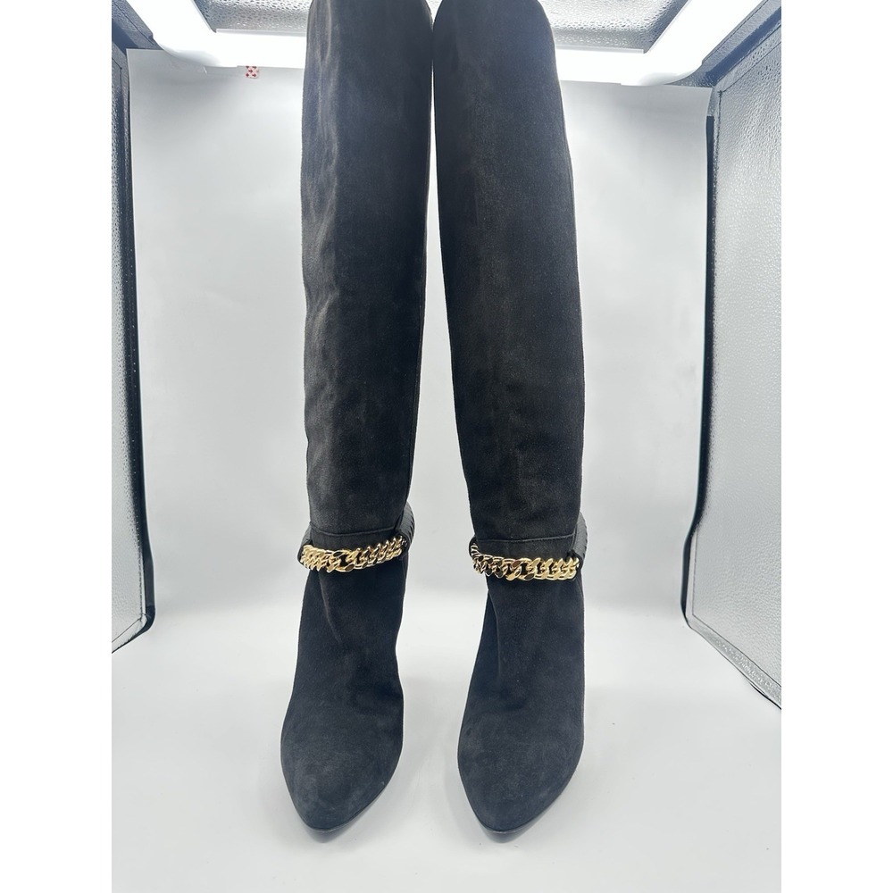 Roberto Cavalli Black Suede Knee High Boots Gold Chain & Stud Exotic Glam Rock - Picture 3 of 8